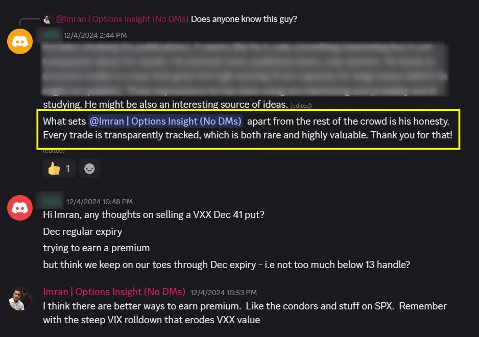 Discord conversation — member praising Imran's transparent trade tracking and Imran giving specific VXX trade advice